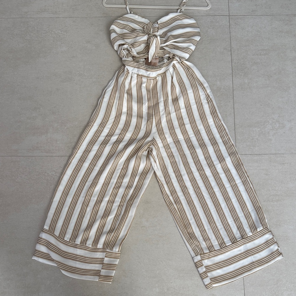 L'ATISTE White and Tan Striped Jumpsuit